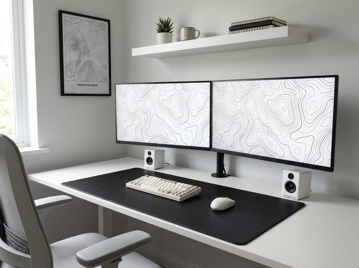 Minimal white work-from-home desk with dual monitors styled around a BACKSTOCK topographic mat